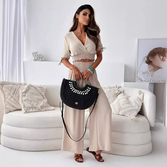 Women Clothing Women Clothing Solid Color Half Sleeve Trousers Suit