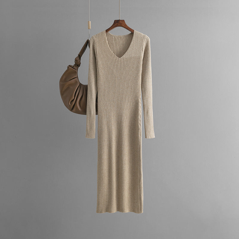 Autumn Winter V neck Knitted Dress Outer Wear Straight Slimming Long Sleeve Sunken Stripe Slit Base Overknee Sweater Dress