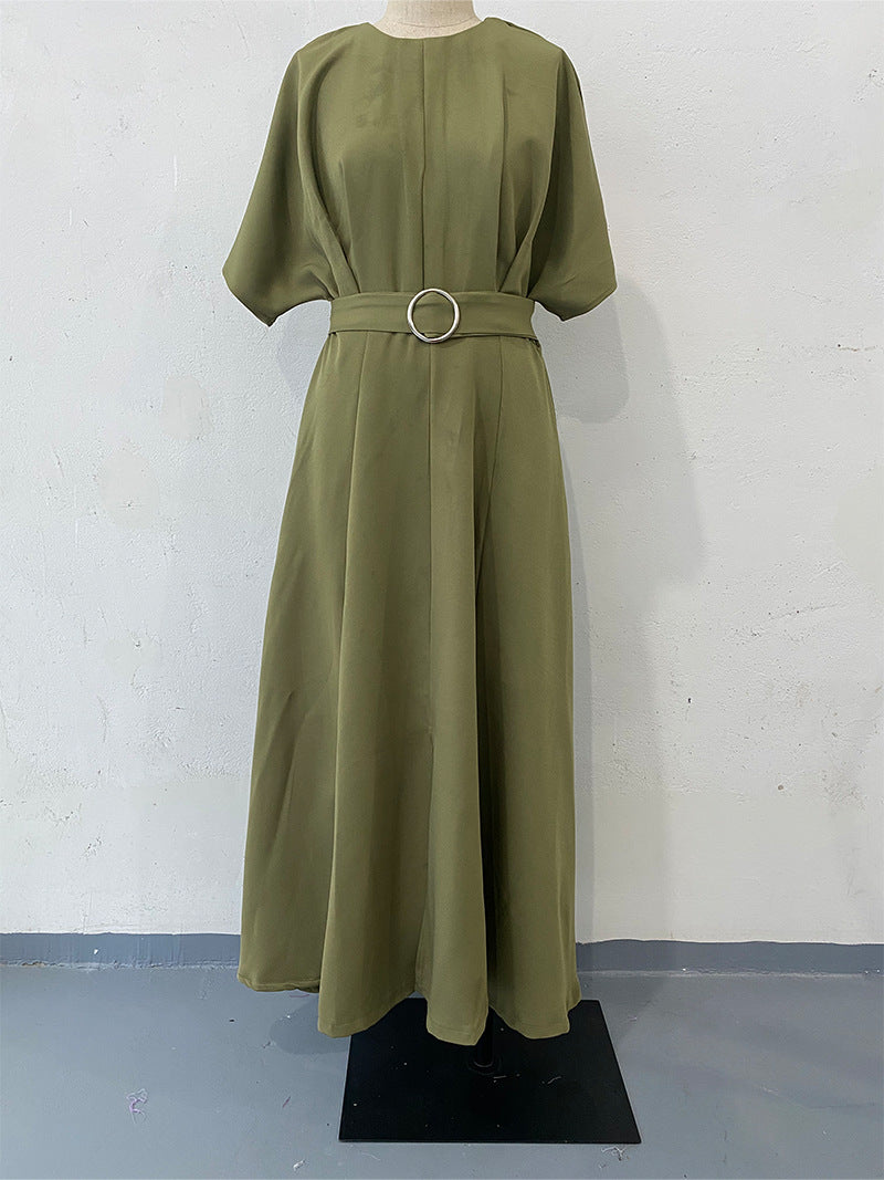 Solid Color round Neck Short Sleeves Dress Belt Slim Fit Maxi Dress