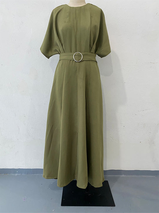 Solid Color round Neck Short Sleeves Dress Belt Slim Fit Maxi Dress