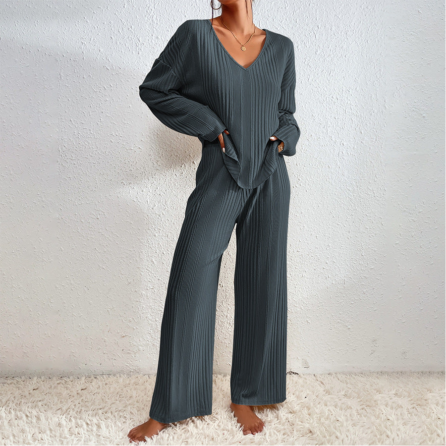 Autumn Winter Ladies Homewear Pajamas Suit Fluff Rib Long Sleeved Trousers Warm Loungewear Women