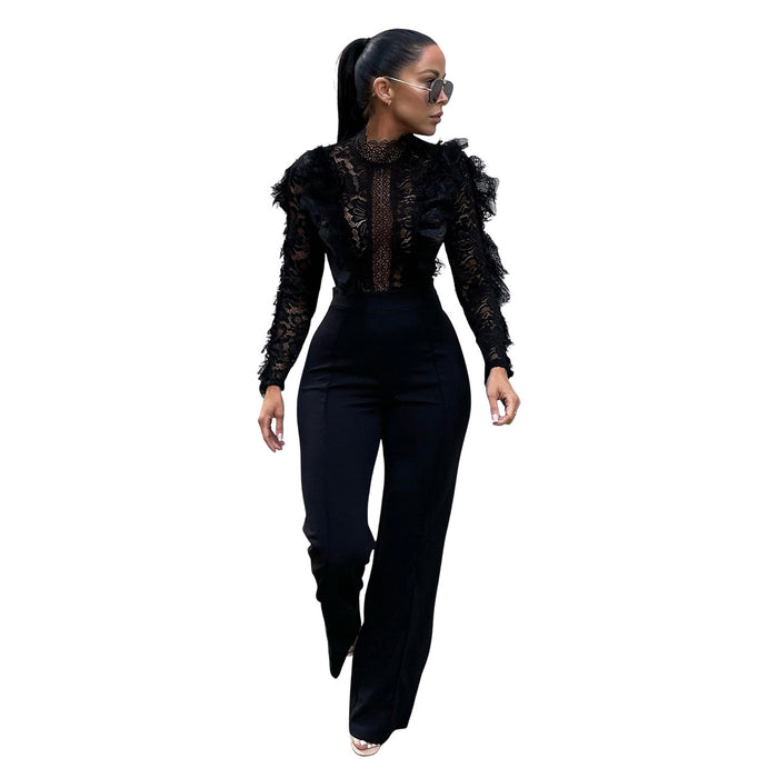 Women Clothing Autumn Winter Lace Tassel Trousers See Through Sexy Jumpsuit