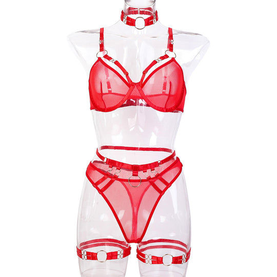 Metal Heavy Industry Women Clothing Mesh See through Sexy Underwear Red Valentine Day Five Piece Set