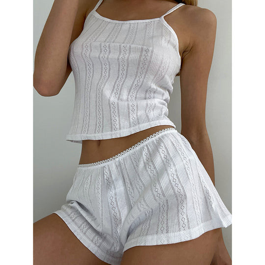 Summer Sexy Knitted Suspender Shorts Ladies Homewear Jacquard White Cool Pajamas Two Piece Set