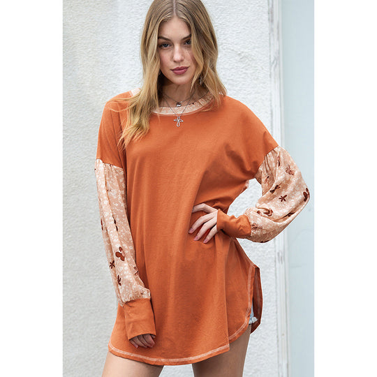 Autumn Winter round Neck Loose Color Contrast Long Sleeve T Shirt Women Casual All Match Stitching Pullover Women