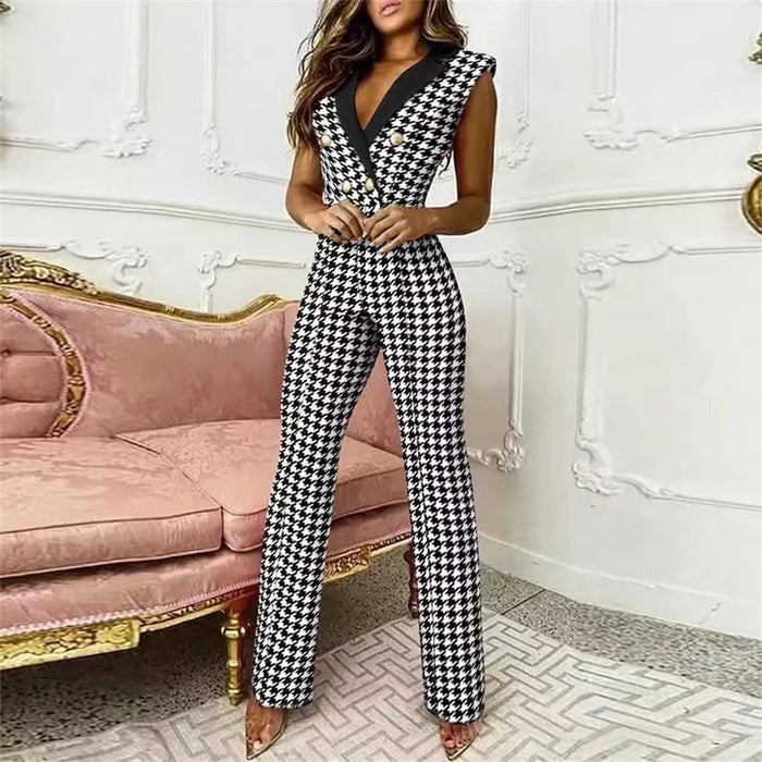 Spring Summer Women Clothing  Color Matching Button V-neck Sleeveless Houndstooth Jumpsuit Business Wear for Women