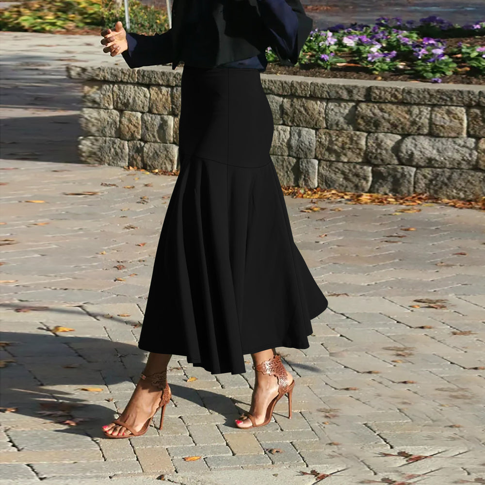 Women Clothing Spring Summer Elegant Solid Color Black Nipped Waist A Line Skirt