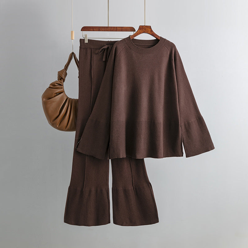 Loose Knitting Suit Autumn Winter Flared Sleeves round Neck Slit Loose Suit