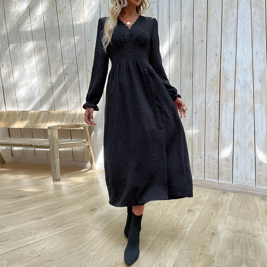 Fall Women Clothing Long Sleeve Black Dress Split Dress