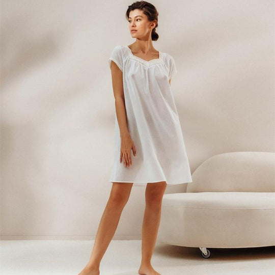 Summer Casual Loose All Cotton Nightdress Thin One Piece White Short Ladies Pajamas