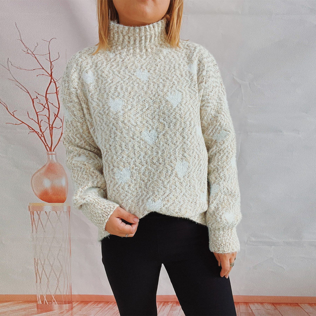 Autumn Winter Chenille Half Turtleneck Knitted Pullover Love Jacquard Long Sleeve Sweater