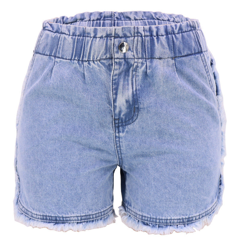 Frayed Denim Shorts Women Summer Light Color Washed Shorts High Waist Loose Jeans