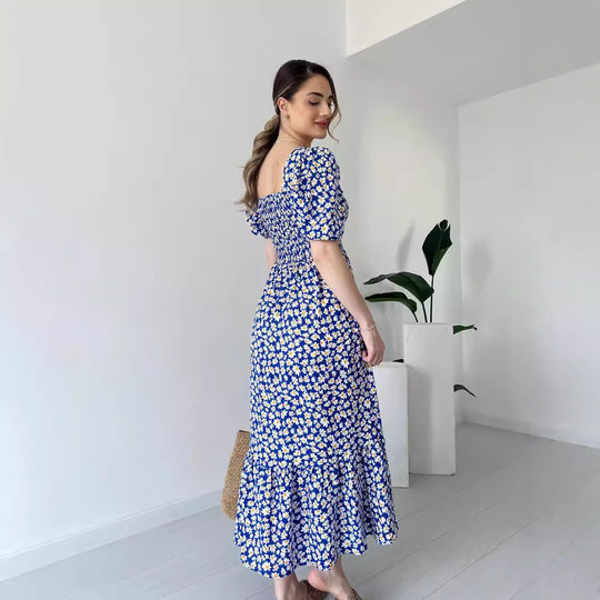 Women Clothing Partysu Temperamental Floral Dress Square Collar Puff Sleeve Elastic Waisted Maxi Dress