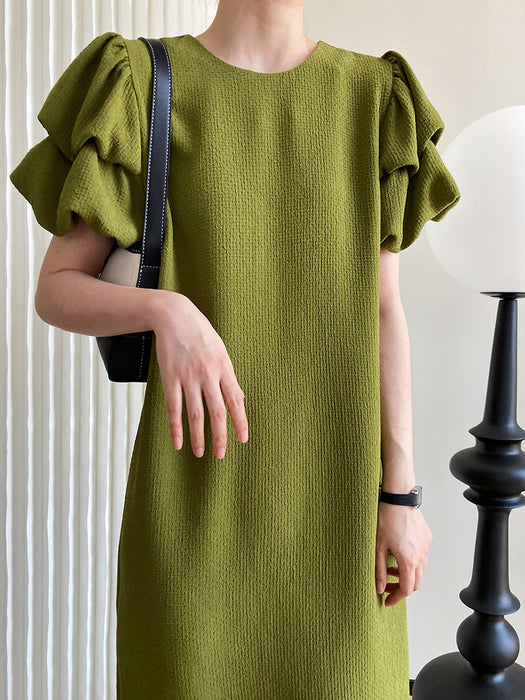Puff Sleeve Green Straight Dress Summer Women Mid Length High Sense Loose Maxi Dress