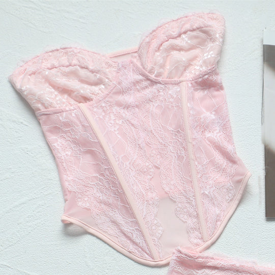 Sexy Pink Semi Transparent Lace Boning Corset Tube Top Short Vest Mini Ultra Short Double Layer Skirt Set for Women