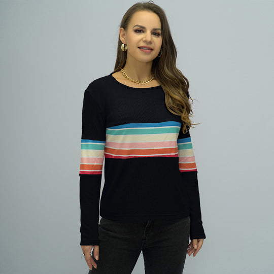 Spring Women Clothing Rainbow Striped round Neck Pullover Thin for Women