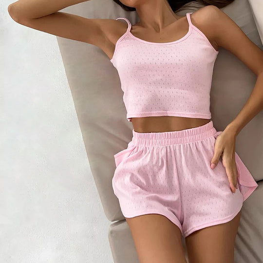 Spring Pink Soft Knitted Suspenders Women Home Wear Slit Breathable Cool Pajamas Two Piece Set