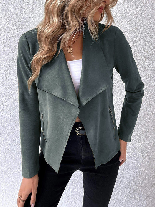Women Fur Coat Collared Long Sleeve Office Zipper Short Women Top