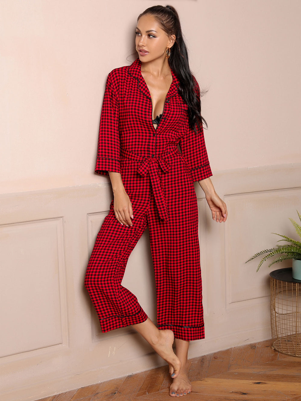 Spring Summer Pajamas Three Quarter Length Sleeves Cardigan V neck Simplicity Red Plaid Jumpsuit Home Wear