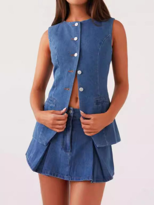 Summer Casual Sleeveless High Waist Women Denim Skirt Sets