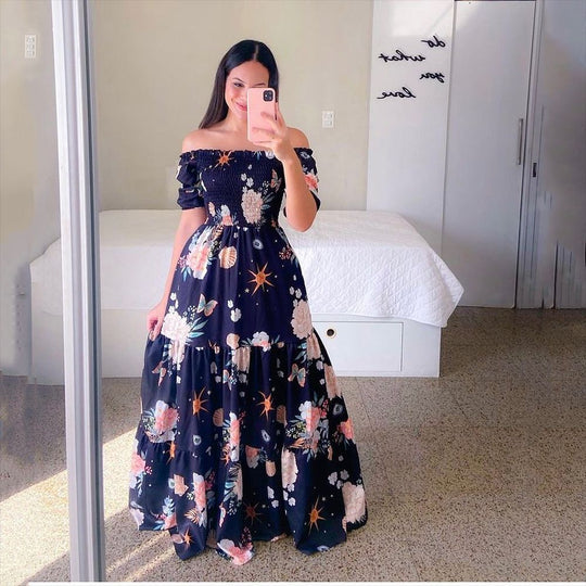 Spring Summer Women Clothing Dress off Shoulder Floral off Shoulder Long Printed Dress