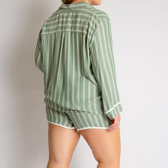 Two Piece Ladies Homewear Striped Pajamas Long Sleeve Shorts Set