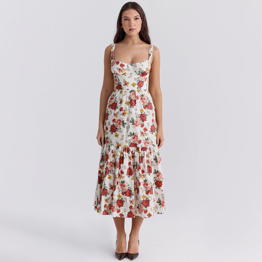 Summer Women Collection Dress Sweet Spicy Floral Midi Backless Sleeveless Strap Dress for Women Summer