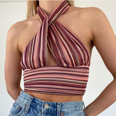 Spring Summer Women Clothing Backless Striped Halter Strap Sexy Top