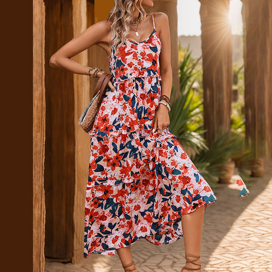 Summer Women Wear High Sense Print Holiday Sling Dress