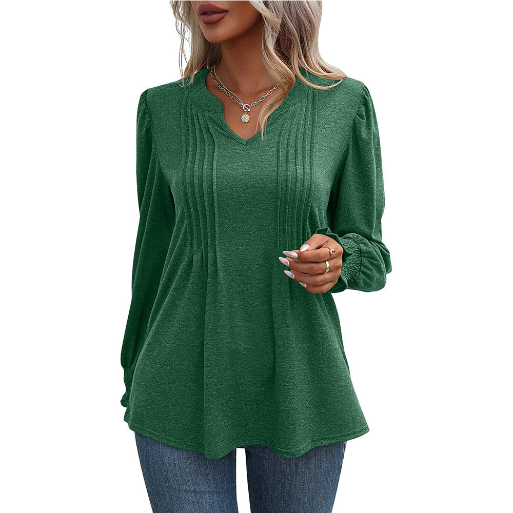 Autumn Women Clothing Solid Color Casual Top Puff Sleeve Smocking V Neck Long Sleeve T Shirt
