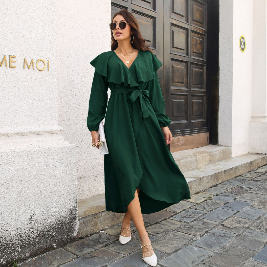 Ruffled V neck Long Sleeve Dress Wrap Split Expansion Maxi Dress Women Women Clothing