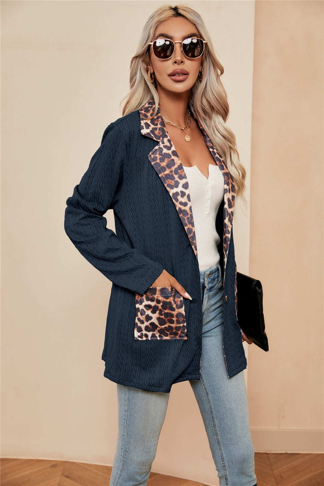 Women Clothing Leopard Splicing Cardigan Women Collared Blazer Tops