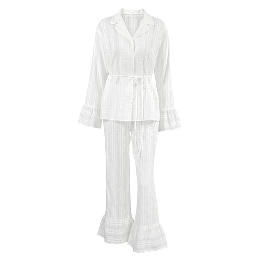 Summer Design Pure Cotton Jacquard Ruffled Cardigan Long Sleeve Pants Soft Two Piece Set Ladies Homewear