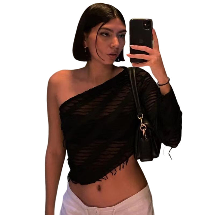 Sexy Oblique Shoulder See Through Knitted Short Top Women Autumn Winter Frayed Long Sleeve Sexy Cropped T Shirt