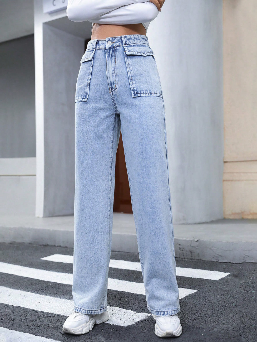 Women Clothing Straight Pocket High Waist Denim Trousers