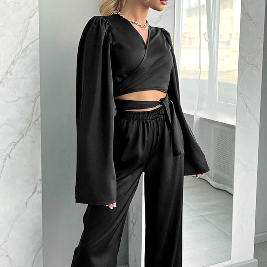 Summer Wind Cool Ice Silk Design Lace up Cardigan Long Sleeve Pants Two Piece Set Ladies Homewear