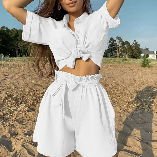 Women Clothing Solid Color Single-Breasted Short Sleeve Shirt Strap Casual Beach Two-Piece Set