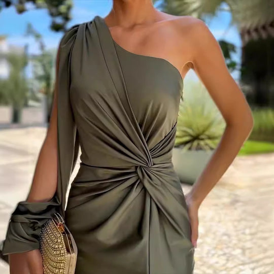 Summer Elegant off Shoulder Long Sleeve Pleated Dress