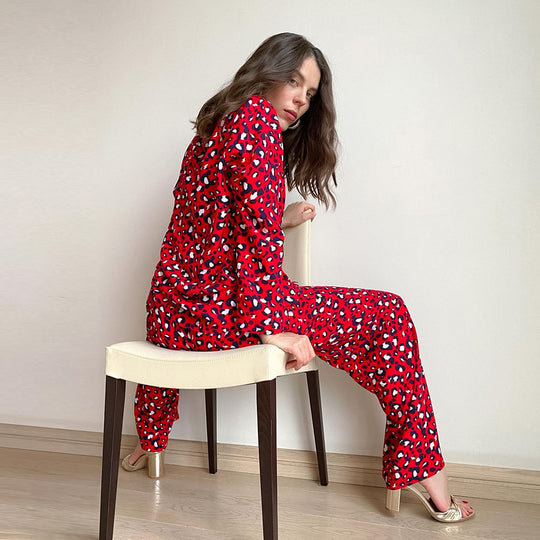 Spring Cotton Silk Leopard Print V neck Long Sleeve Trousers Red for Women Skin Friendly Pajamas Home Wear for Women