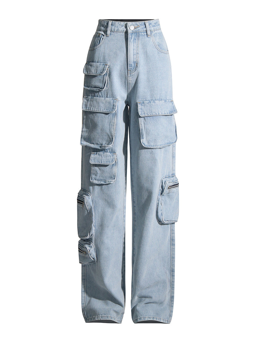 Retro Light Blue Washed High Waist Cargo Jeans Women Autumn Winter Zipper Large Pocket Trousers