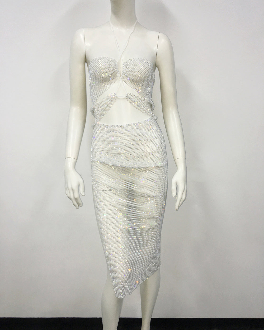 Dress Fishnet Rhinestone Suspender Design Sexy Tight Split Dress