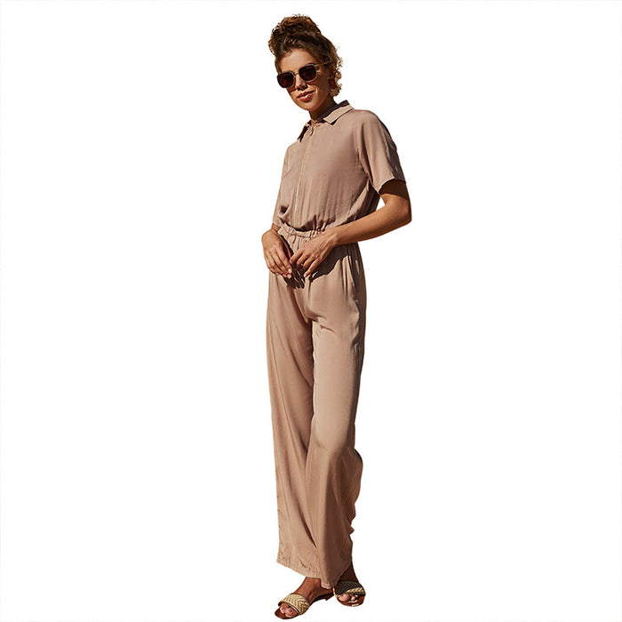 Summer Half Sleeve One Piece Jumpsuit Solid Color Zipper Collared Jumpsuit Elastic Waist Casual Trousers