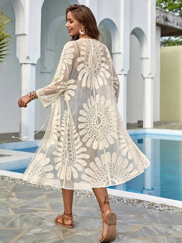 SUNFLOWER Lace Embroidered Beach Cover Up Vacation Sun Protection Cardigan