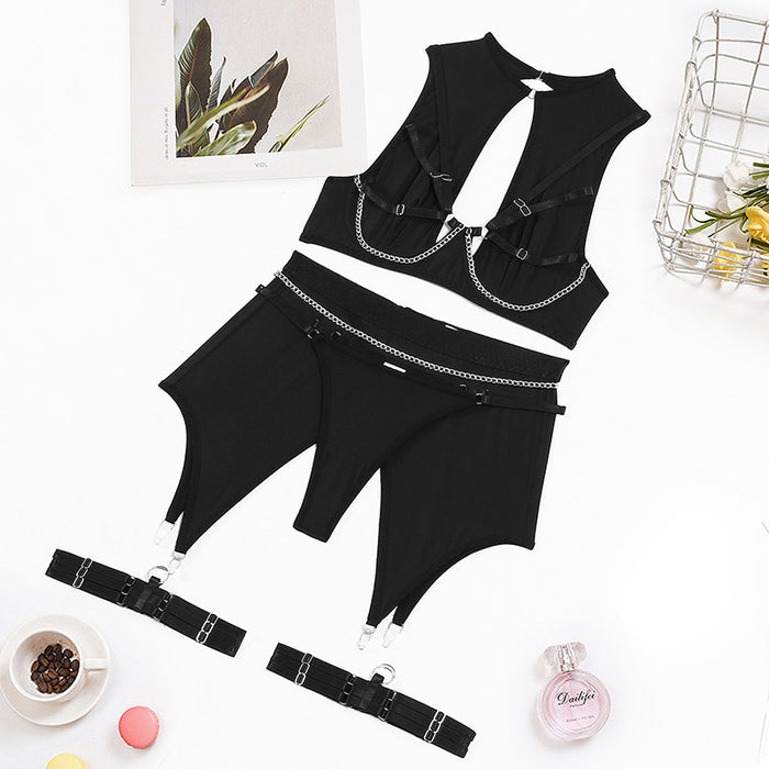 Women Clothing At Internet Celebrity Chain Steel Ring Push up Sexy Lingerie Four Piece Set