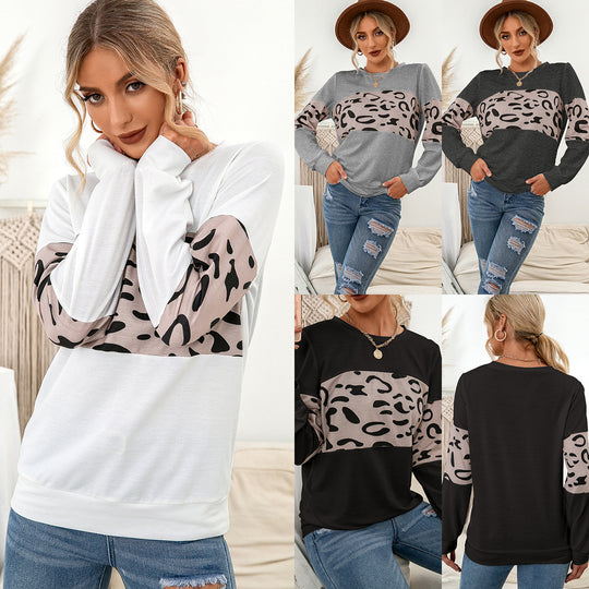 Autumn Winter Casual Knitted Leopard Print Pullover round Neck Contrast Color Patchwork Women