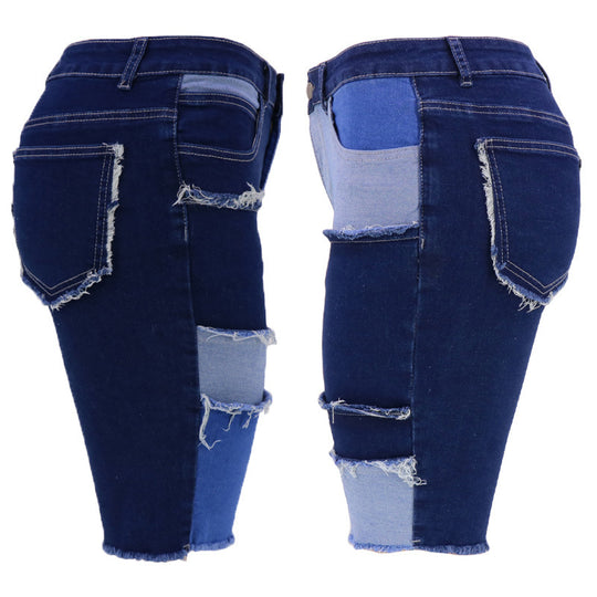 Fashion Five-Point Denim Women Pants New High Elastic Hip Lifting Patchwork Pants Popular