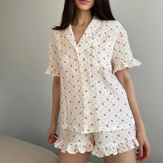 Summer Pure Cotton Floral Print Tube Top Short Sleeve Shorts Ruffled Three Piece Suit Ladies Homewear