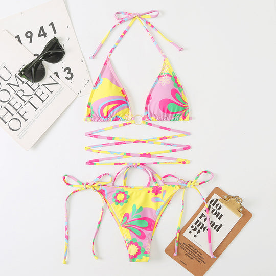 Triangle Split Lady Sexy Banded Bikini Digital Printing Multicolor Swimsuit With Shoulder Straps Swimsuit