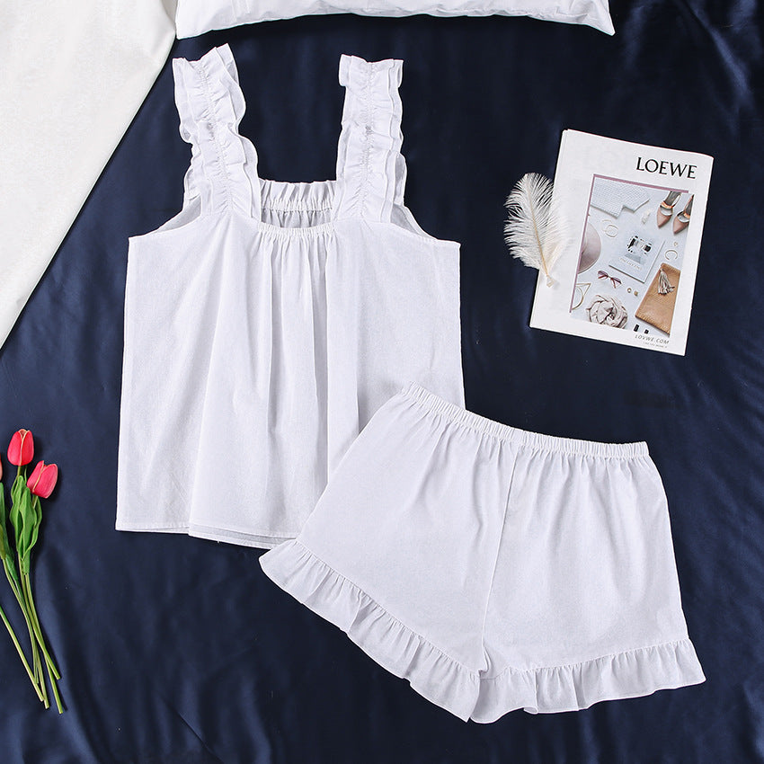 Summer French Cotton Sleeveless White Ruffled Spaghetti Straps Cotton Linen Pajamas Women Homewear Can Be Worn outside