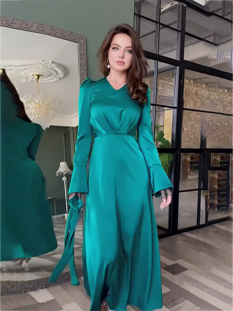 Autumn V neck Solid Color Split Long Sleeve Slim Fit Belt Dress